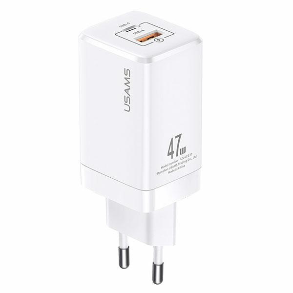 USAMS ŁAD. SIEC. T41 USB-C+USB GAN 47W PD+QC (ONLY HEAD) FAST CHARGING BIAŁY /WHITE CC137TC02 (US-CC137)