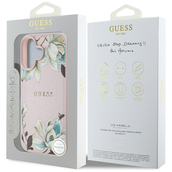 Etui Guess Grained Printed Flower        Pattern MagSafe do iPhone 16 różowy