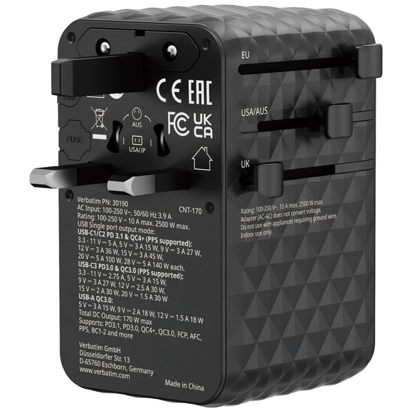 Verbatim Adapter podróżny EU/UK/US GaN   2xUSB-A/3xUSB-C PD 170W czarny 30190