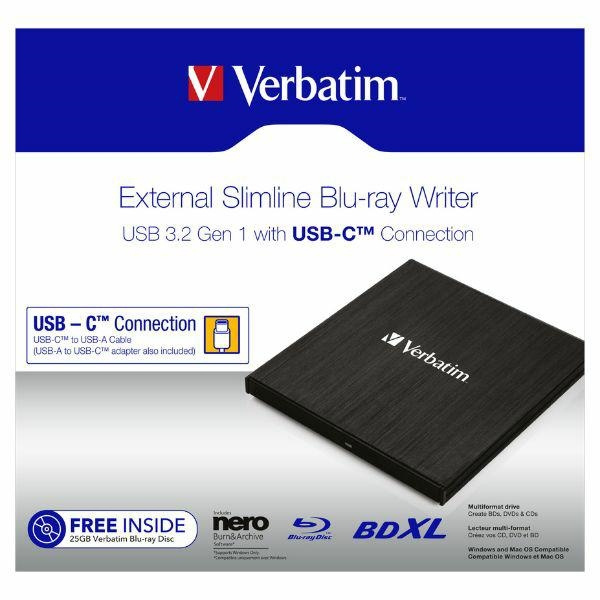 Verbatim Zewnętrzna nagrywarka SlimlineBlu-ray + kabel USB-C/USB-A czarny/black 43889