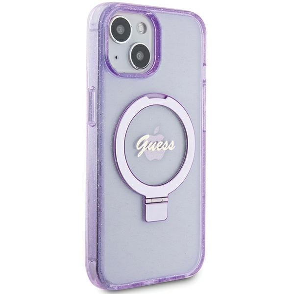 Guess GUHMP15MHRSGSU iPhone 15 Plus / 14 Plus 6.7" fioletowy/purple hardcase Ring Stand Script Glitter MagSafe
