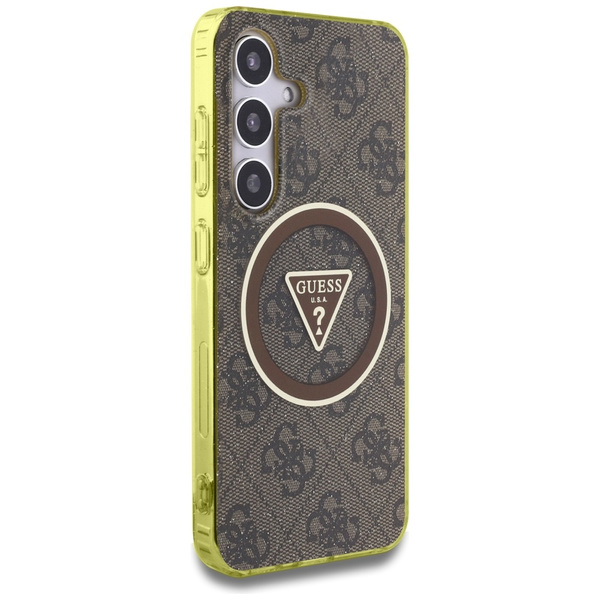 Etui Guess 4G Glitter Triangle Buttons   MagSafe do Samsung Galaxy S25 brązowy