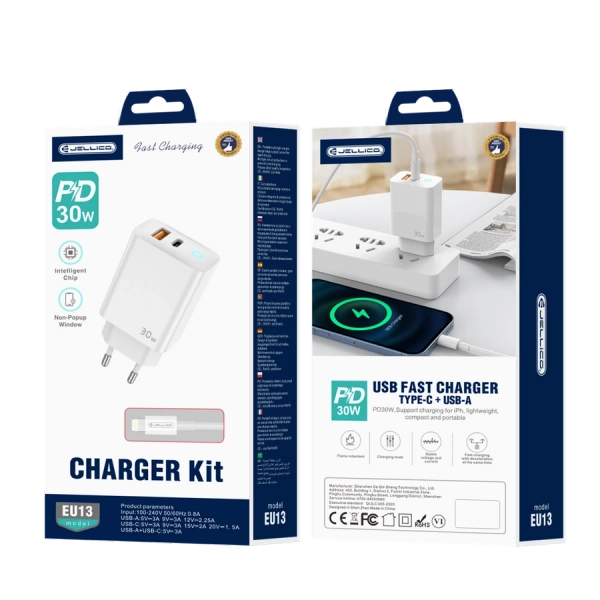 JELLICO wall charger EU13 GaN PD 30W 1xUSB-C + 1xUSB QC3.0 + cable USB-C - Lightning White