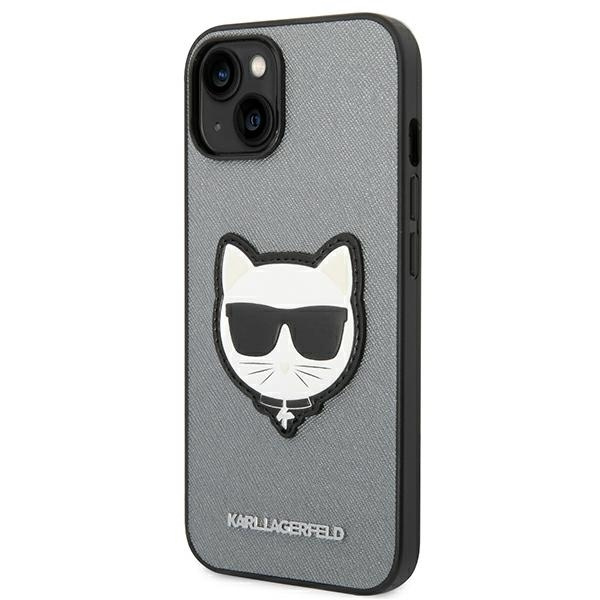 Etui Karl Lagerfeld Saffiano Choupette Head Patch na iPhone 14 Plus - srebrne