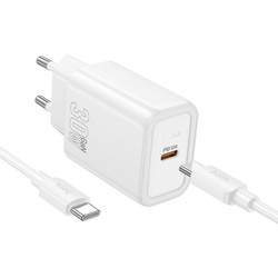 Ładowarka sieciowa do telefonu Hoco USB C QC PD 30W + kabel USB C do USB C N62 biała