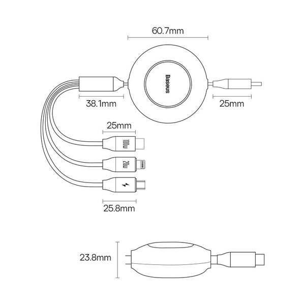 Baseus kabel Bright Mirror 2 3w1 USB - micro USB + Lightning + USB-C 1,1m 100W czarny zwijany
