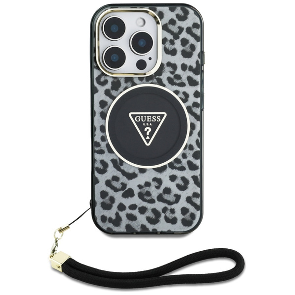 Etui Guess HC IML Leopard Triangle Cord  Strap do iPhone 16 Pro MagSafe czarny