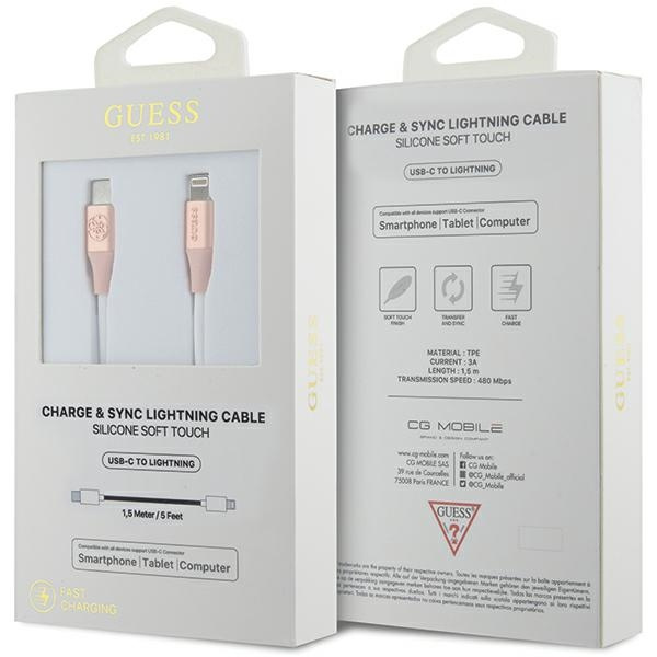 Guess GUCLLALRGDP kabel USB-C -Lightning 1.5m Fast Charging różowy/pink Ebossed Logo