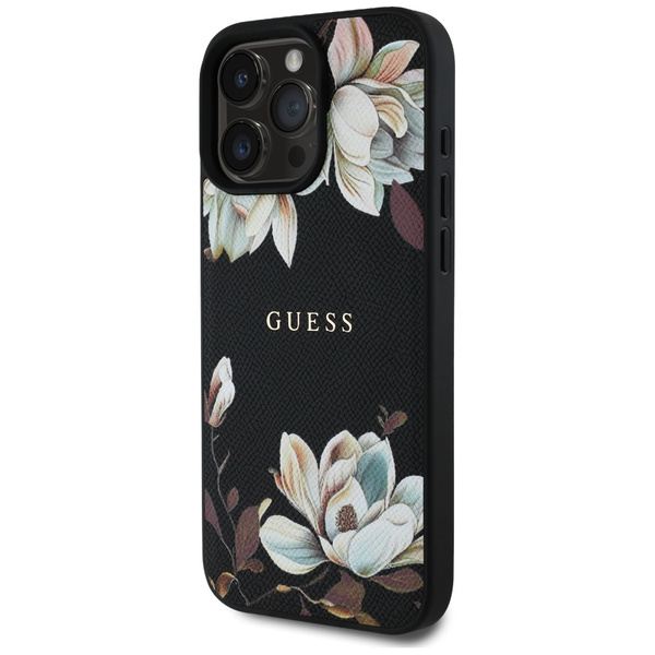 Etui Guess Grained Printed Flower        Pattern MagSafe do iPhone 16 Pro czarny