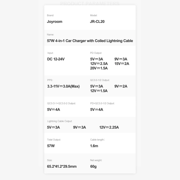 Joyroom fast car charger 4 in 1 PD, QC3.0, AFC, FCP with Lightning cable 1.6m 57W black (JR-CL20)