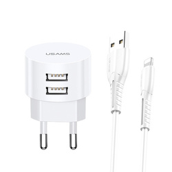 USAMS Ład. siec. 2xUSB T20 2,1A lightning biały/white round Fast Charging XTXLOGT1804