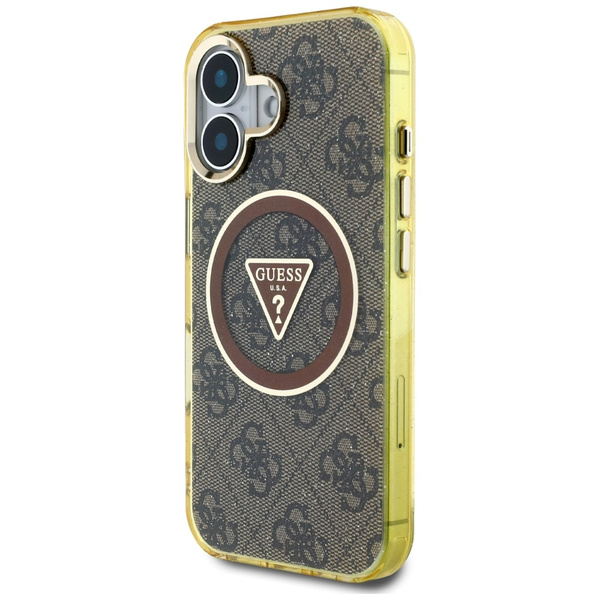 Etui Guess IML Metal Glitter 4G Circle   Triangle MagSafe do iPhone 16 brązowy