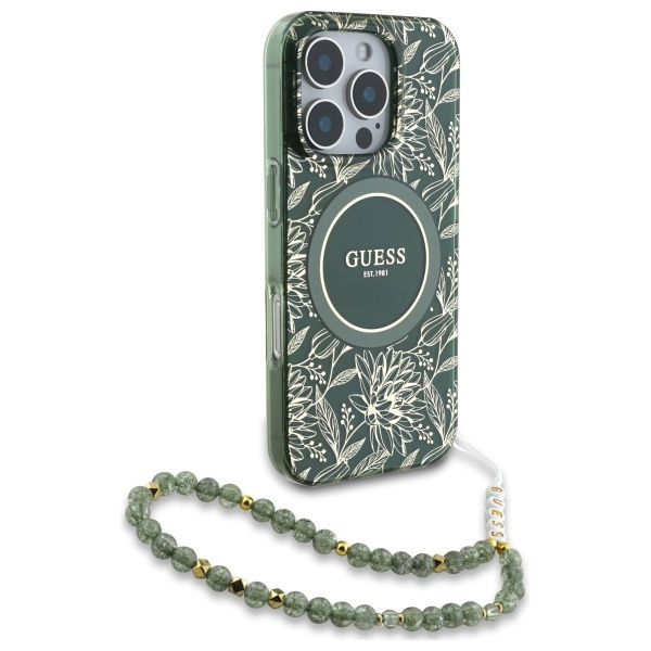 Guess GUHMP16XHCPOFPA iPhone 16 Pro Max  6.9" zielony/green hardcase IML Flowers Allover Electro With Pearl Strap MagSafe