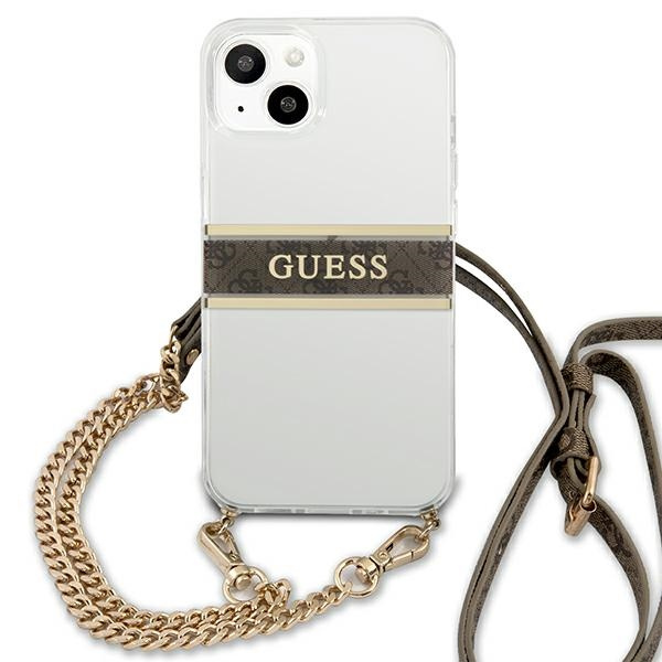 Guess GUHCP13SKC4GBGO iPhone 13 mini5,4" Transparent hardcase 4G Brown Strap Gold Chain