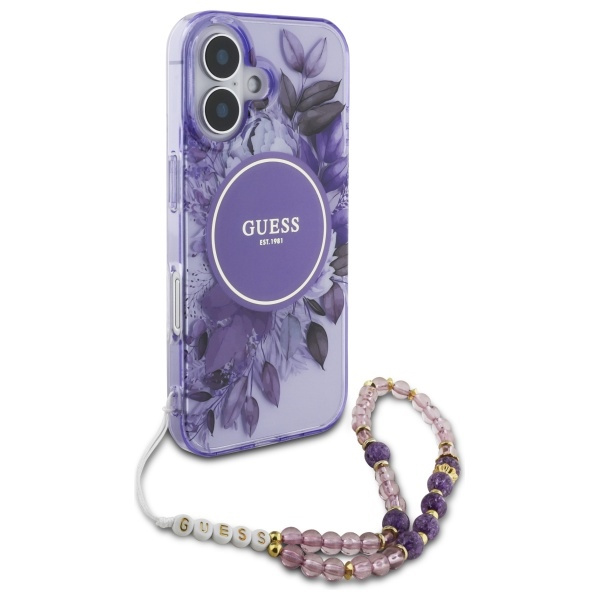 Guess GUHMP16SHFWBRCESU iPhone 166.1" fioletowy/purple hardcase IML Flowers With Pearl Strap MagSafe