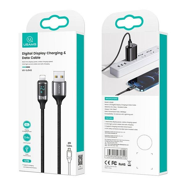USAMS Kabel pleciony U78 lightning 1.2mLED 2.4A Fast Charging czarny/black SJ543USB01 (US-SJ543)