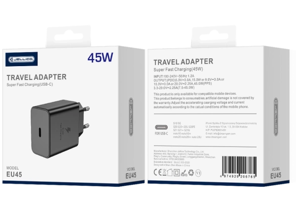 JELLICO ładowarka sieciowa EU45 GaN PD 45W 1xUSB-C Czarny