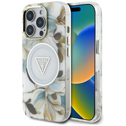 Etui Guess Glitter Flowers Triangle      Buttons MagSafe do iPhone 16 Pro biały
