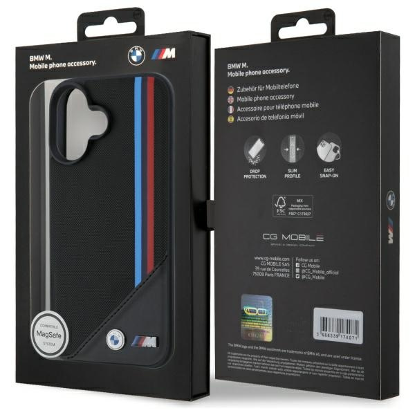 BMW BMHMP16S23PUTRK iPhone 16 6.1" czarny/black hardcase M Meshed Tricolor Stripes MagSafe