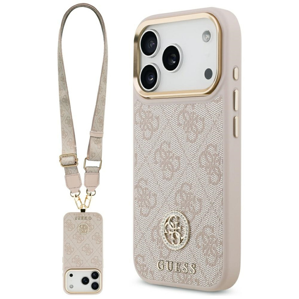 Etui Guess 4G Strass Logo & Big Strap Metal Buttons MagSafe do iPhone 17 Pro różowy