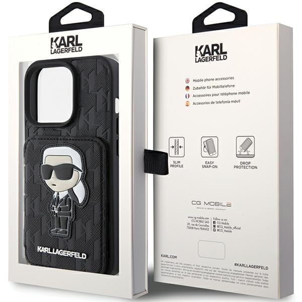 Etui Karl Lagerfeld Saffiano Cardslots and Stand Monogram Ikonik Patch do iPhone 15 Pro - czarne
