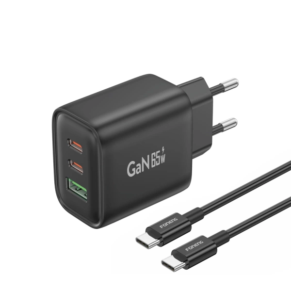 FONENG ładowarka sieciowa GaN10-EU GaN PD 65W 2xUSB-C + 1xUSB QC3.0 + kabel USB-C - USB-C Czarny