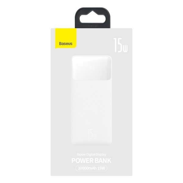 Baseus Bipow powerbank z wyświetlaczem 30000mAh 15W biały (Overseas Edition) + kabel USB-A - Micro USB 0.25m biały (PPBD050202)