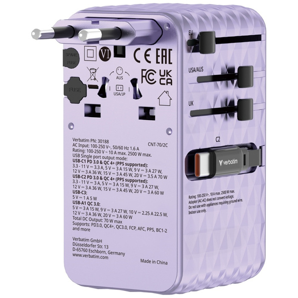 Verbatim Adapter podróżny EU/UK/US GaN   1xUSB-C/1xUSB-A/2xUSB-C PD 70W fioletowy 30188