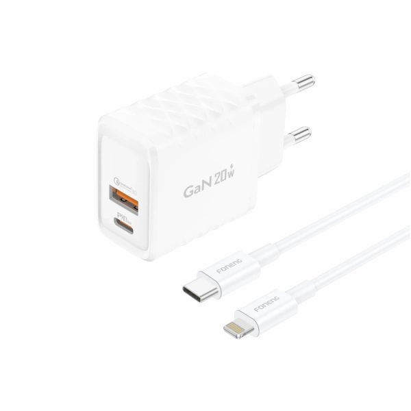 FONENG ładowarka sieciowa EU56 GaN PD 20W 1xUSB-C + 1xUSB QC3.0 + kabel USB-C - Lightning Biały