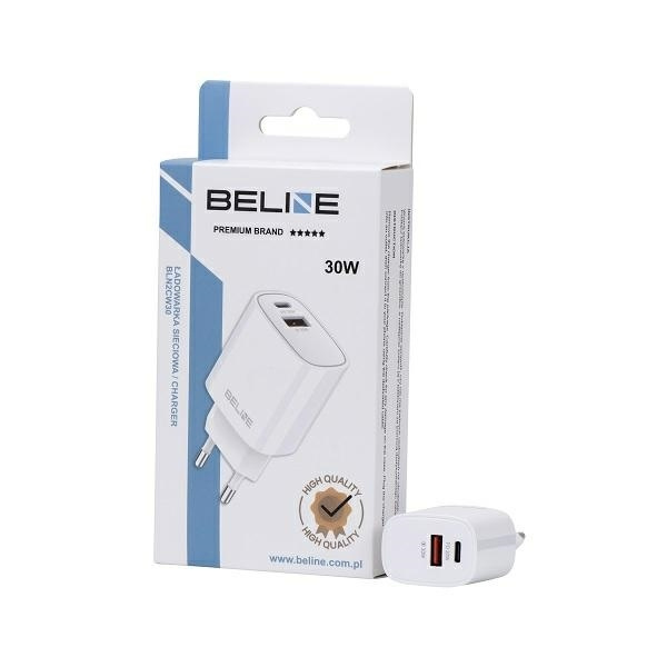 Beline Ład. siec. 1x USB-C + 1x USB 30W biała /white (only head) PD 3.0 + QC 3.0  BLN2CW30 GaN