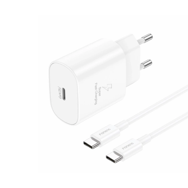 FONENG ładowarka sieciowa EU51 GaN PD 25W 1xUSB-C + kabel USB-C - USB-C Biały