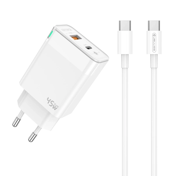 JELLICO ładowarka sieciowa C107 GaN PD 45W 1xUSB-C + 1xUSB QC3.0 + kabel USB-C - USB-C Biały