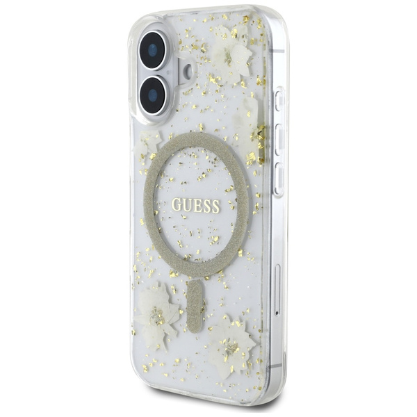 Etui Guess Resin Flowers Glitter MagSafe do iPhone 16 beżowy