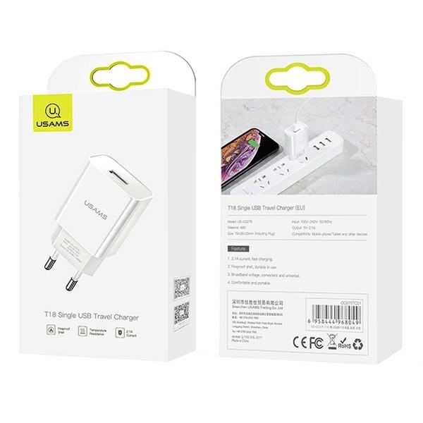 USAMS Ład. siec. 1xUSB T18 2,1A (only head) biały/white Fast Charging CC075TC01