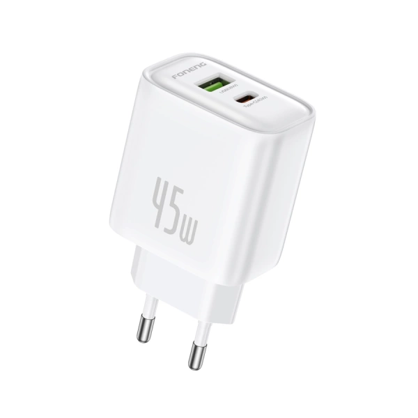 FONENG wall charger EU67 PD 45W 1xUSB-C + 1xUSB QC3.0 + cable USB-C - USB-C White