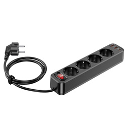 Przedłużacz 1,8 m Hoco 4 gniazda + 2 x USB A + USB C QC3.0 PD 3A 20W NS1 czarny