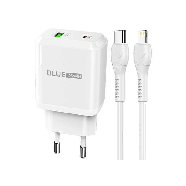 BLUE POWER WALL CHARGER PD20W+QC3.0 WHITE LIGHTNING CABLE