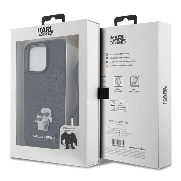 Karl Lagerfeld Crossbody Saffiano Metal Pin Karl &amp; Choupette Case for iPhone 15 Pro Max - Black