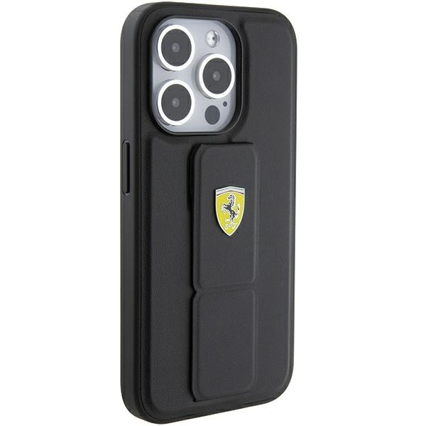 Etui Ferrari Grip Stand Metal Logo na iPhone 15 Pro Max - czarne