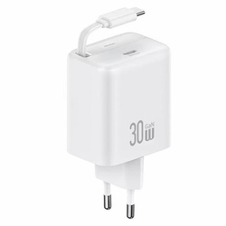 USAMS Ład. siec. 1xUSB-C ze zwijanym kablem USB-C Retractable PD+QC 30W Gan Fast Charging biały/white YC Series CC241TC02 (US-CC241)