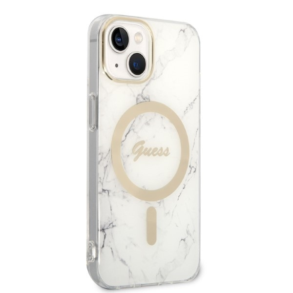 Zestaw Guess GUBPP14MHMEACSH Case+ Charger iPhone 14 Plus / 15 Plus 6.7" biały/white hard case Marble MagSafe