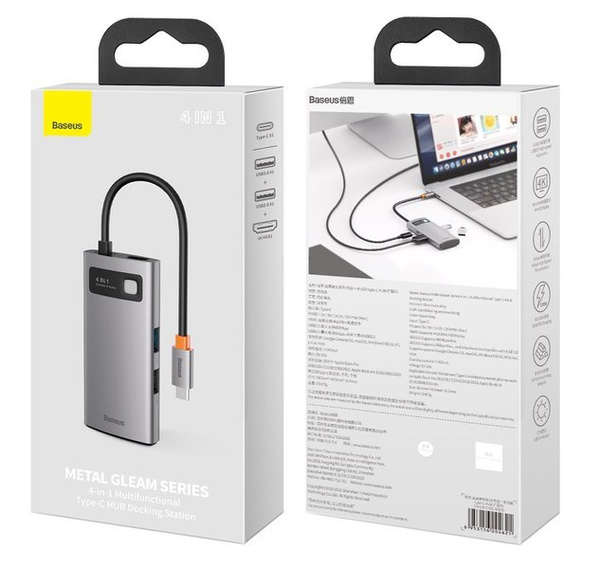 Baseus Metal Gleam 4w1 wielofunkcyjny HUB USB Typ C - USB Typ C Power Delivery 100 W / HDMI 4K 30 Hz / USB 3.2 Gen 1 / USB 2.0 (CAHUB-CY0G)