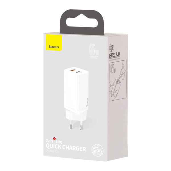 Baseus ładowarka sieciowa GaN2 Lite PD 65W 1x USB-C 1x USB biała