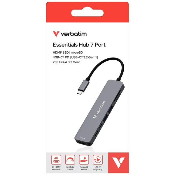 Adapter Hub Verbatim HDMI/USB-C          3.2/USB-C/2xUSB-A 3.2/SD/microSD aluminiowy 32158