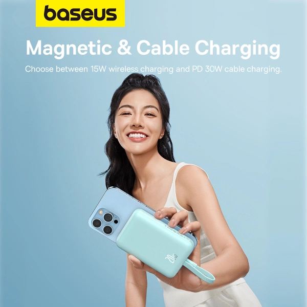 Baseus Magnetic Mini MagSafe 10000mAh 20W powerbank with built-in Lightning cable - blue + Baseus Simple Series USB-C - USB-C 60W 0.3m cable