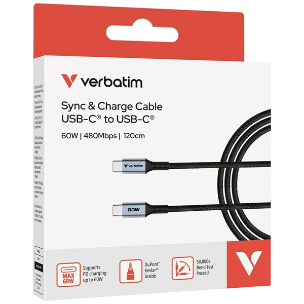 Kabel Verbatim Sync & Charge USB-C do    USB-C QC PD 60W 120cm czarny 31845