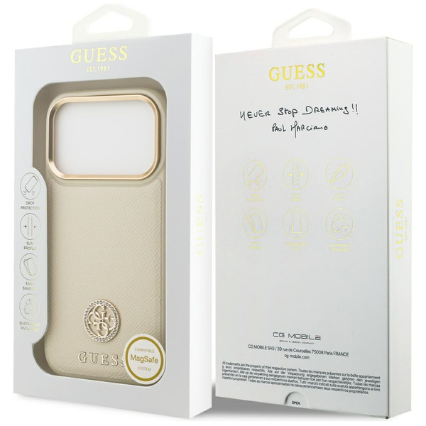 Etui Guess Grained Strass Logo MagSafe   do iPhone 17 Pro beżowy