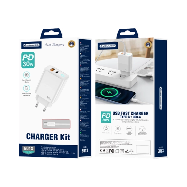JELLICO wall charger EU13 GaN PD 30W 1xUSB-C + 1xUSB QC3.0 + cable USB-C - USB-C White