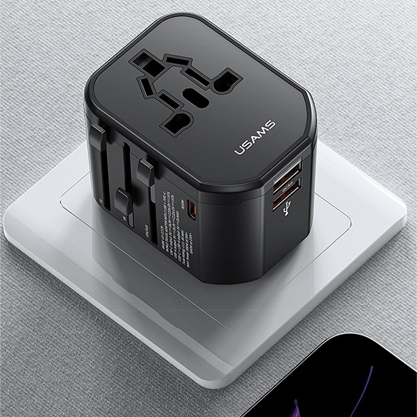 USAMS Adapter siec 2xUSB+1xUSB-C T59 20W 4w1 US/AU/EU/UK czarny/black CC179TC01 (US-CC179) Universal Travel Charger