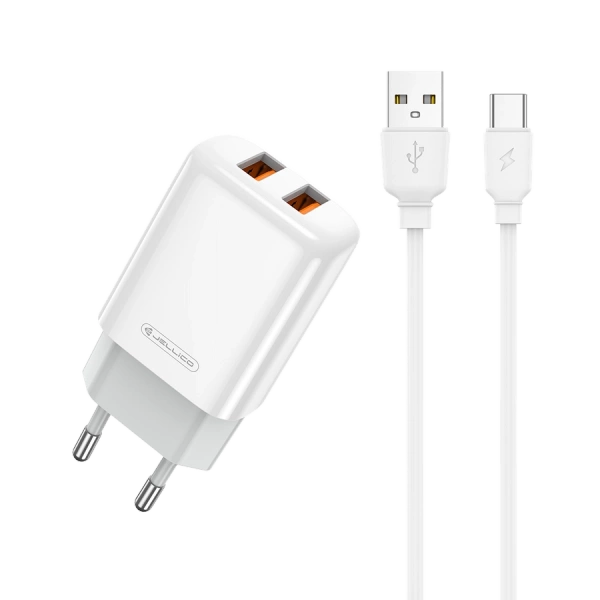 JELLICO ładowarka sieciowa EU02 2.4A 12W 2xUSB + kabel USB-C Biały
